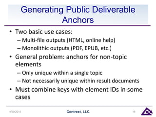 Generating Public Deliverable
Anchors
• Two basic use cases:
– Multi-file outputs (HTML, online help)
– Monolithic outputs (PDF, EPUB, etc.)
• General problem: anchors for non-topic
elements
– Only unique within a single topic
– Not necessarily unique within result documents
• Must combine keys with element IDs in some
cases
4/29/2015 Contrext, LLC 16
 