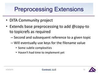 Preprocessing Extensions
• DITA Community project
• Extends base preprocessing to add @copy-to
to topicrefs as required
– Second and subsequent reference to a given topic
– Will eventually use keys for the filename value
• Some subtle complexities
• Haven't had time to implement yet
4/29/2015 Contrext, LLC 19
 