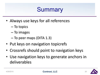 Summary
• Always use keys for all references
– To topics
– To images
– To peer maps (DITA 1.3)
• Put keys on navigation topicrefs
• Crossrefs should point to navigation keys
• Use navigation keys to generate anchors in
deliverables
4/29/2015 Contrext, LLC 20
 