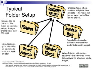 Typical Folder Setup CONTINENT PROJECT Pictures can be placed in this folder for students to use.  Images should be at least 800x600. Sounds/Music can be placed in this folder for students to use in project. Saved projects go in this folder for students to open and work on later. When finished with project, students save a finished video to be played on Windows Media Player. Create a folder where students will place their projects.  This folder will house extra media files for the project. Source: Visalia Unified School District http://www.visalia.k12.ca.us/teachers/mblanton/techcoach/typical_photostory_kit.htm Pictures Sounds or Music Saved Projects Finished Videos 