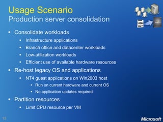 Usage Scenario Production server consolidation Consolidate workloads Infrastructure applications Branch office and datacenter workloads Low-utilization workloads Efficient use of available hardware resources Re-host legacy OS and applications NT4 guest applications on Win2003 host Run on current hardware and current OS No application updates required Partition resources Limit CPU resource per VM 