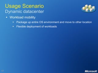 Usage Scenario Dynamic datacenter Workload mobility Package up entire OS environment and move to other location Flexible deployment of workloads 