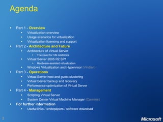 Agenda Part 1 -  Overview Virtualization overview Usage scenarios for virtualization Virtualization licensing and support Part 2 -  Architecture and Future Architecture of Virtual Server The need for VM Additions Virtual Server 2005 R2 SP1 Hardware-assisted virtualization Windows Virtualization and Hypervisor  (Viridian) Part 3 -  Operations Virtual Server host and guest clustering Virtual Server backup and recovery Performance optimization of Virtual Server Part 4 -  Management Scripting Virtual Server System Center Virtual Machine Manager  (Carmine) For further information Useful links / whitepapers / software download 