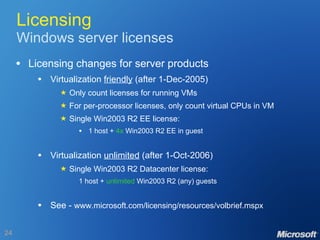 Licensing Windows server licenses Licensing changes for server products Virtualization  friendly  (after 1-Dec-2005)  Only count licenses for running VMs  For per-processor licenses, only count virtual CPUs in VM  Single Win2003 R2 EE license: 1 host +  4x  Win2003 R2 EE in guest Virtualization  unlimited  (after 1-Oct-2006)    Single Win2003 R2 Datacenter license: 1 host +  unlimited  Win2003 R2 (any) guests See -  www.microsoft.com/licensing/resources/volbrief.mspx 