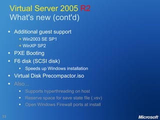 Virtual Server 2005  R2 What's new (cont'd) Additional guest support +  Win2003 SE SP1 +  WinXP SP2 PXE Booting F6 disk (SCSI disk) Speeds up Windows installation Virtual Disk Precompactor.iso Also... Supports hyperthreading on host Reserve space for save state file (.vsv) Open Windows Firewall ports at install 