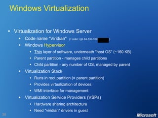 Windows Virtualization Virtualization for Windows Server Code name "Viridian"  (= color: rgb 64-130-109  ) Windows  Hypervisor Thin  layer of software, underneath "host OS" (~160 KB) Parent partition - manages child partitions Child partition - any number of OS, managed by parent Virtualization Stack Runs in root partition (= parent partition) Provides virtualization of devices WMI interface for management Virtualization Service Providers (VSPs) Hardware sharing architecture Need "viridian" drivers in guest 