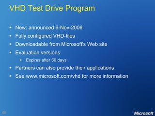 VHD Test Drive Program New: announced 6-Nov-2006 Fully configured VHD-files Downloadable from Microsoft's Web site Evaluation versions Expires after 30 days Partners can also provide their applications See www.microsoft.com/vhd for more information 