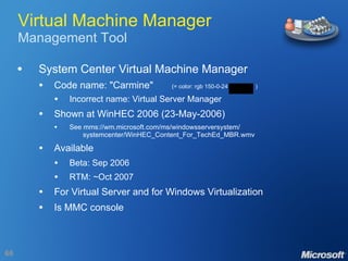 Virtual Machine Manager Management Tool System Center Virtual Machine Manager Code name: "Carmine"  (= color: rgb 150-0-24  ) Incorrect name: Virtual Server Manager Shown at WinHEC 2006 (23-May-2006) See mms://wm.microsoft.com/ms/windowsserversystem/   systemcenter/WinHEC_Content_For_TechEd_MBR.wmv Available Beta: Sep 2006 RTM: ~Oct 2007 For Virtual Server and for Windows Virtualization Is MMC console VM VM VM VM VM VM VM VM VM VM VM VM VM VM VM VM VM VM VM VM VM VM VM VM 
