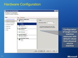 Hardware Configuration Configuration of target virtual machine resouces with default values from physical source machine 