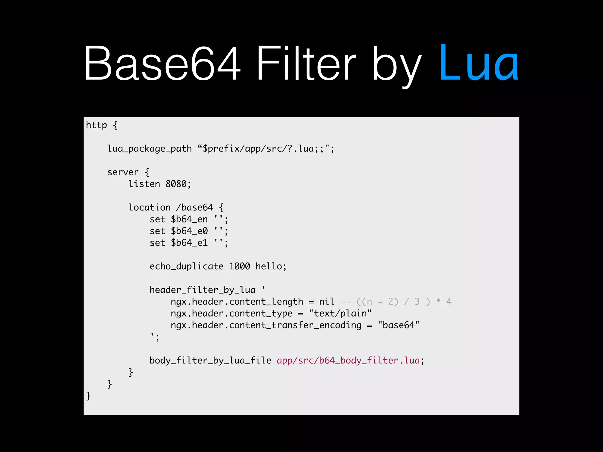 Base64 Filter by Lua http { lua_package_path “$prefix/app/src/?.lua;;"; server { listen 8080; location /base64 { set $b64_en ''; set $b64_e0 ''; set $b64_e1 ''; echo_duplicate 1000 hello; header_filter_by_lua ' ngx.header.content_length = nil -- ((n + 2) / 3 ) * 4 ngx.header.content_type = "text/plain" ngx.header.content_transfer_encoding = "base64" '; body_filter_by_lua_file app/src/b64_body_filter.lua; } } } 