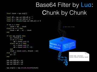 Base64 Filter by Lua: 
local chunk = ngx.arg[1] Chunk by Chunk 
local e0 = ngx.var.b64_e0 or '' 
local e1 = ngx.var.b64_e1 or '' 
local en = tonumber(ngx.var.b64_en) or 0 
if en == 1 then 
chunk = e0 .. chunk 
elseif en == 2 then 
chunk = e0 .. e1 .. chunk 
end 
if not ngx.arg[2] then 
en = #chunk % 3 
if en == 1 then 
e0 = chunk:sub(-1) 
elseif en == 2 then 
e1 = chunk:sub(-1) 
e0 = chunk:sub(-2, -2) 
end 
chunk = chunk:sub(1, #chunk - en) 
else -- eof 
en = 0 
end 
ngx.var.b64_en = en 
ngx.var.b64_e0 = e0 
ngx.var.b64_e1 = e1 
ngx.arg[1] = ngx.encode_base64(chunk) 
 