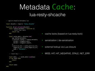 Metadata Cache: 
lua-resty-shcache 
✦ cache locks (based on lua-resty-lock) 
✦ serialization / de-serialization 
✦ external lookup via Lua closure 
✦ MISS, HIT, HIT_NEGATIVE, STALE, NET_ERR 
-- app/src/modules/metadata.lua 
local shcache = require "resty.shcache" 
function _M.get_metadata(bucket) 
local lookup_metadata = function () 
-- fetch from redis 
return res 
end 
local cache_data = shcache:new( 
ngx.shared.metadata, 
{ external_lookup = lookup_metadata, 
encode = cmsgpack.pack, 
decode = cmsgpack.unpack, 
}, 
{ positive_ttl = cache_positive_ttl, 
negative_ttl = cache_negative_ttl, 
name = "metadata", 
}) 
-- local key = ... 
local data, _ = cache_data:load(key) 
if not data then 
return 
end 
return data 
end 
 