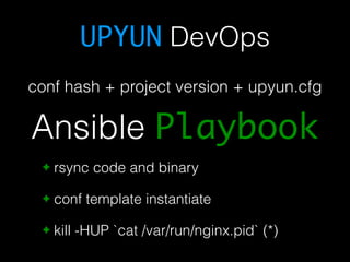 UPYUN DevOps 
conf hash + project version + upyun.cfg 
Ansible Playbook 
✦ rsync code and binary 
✦ conf template instantiate 
✦ kill -HUP `cat /var/run/nginx.pid` (*) 
 