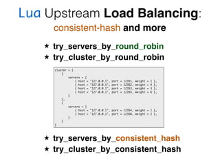 Lua Upstream Load Balancing:
consistent-hash and more
try_servers_by_round_robin
try_cluster_by_round_robin
cluster = {
{
servers = {
{ host = "127.0.0.1", port = 12351, weight = 1 },
{ host = "127.0.0.1", port = 12352, weight = 4 },
{ host = "127.0.0.1", port = 12353, weight = 3 },
{ host = "127.0.0.1", port = 12355, weight = 6 },
}
},
{
servers = {
{ host = "127.0.0.1", port = 12354, weight = 1 },
{ host = "127.0.0.1", port = 12356, weight = 2 },
}
}
}
try_servers_by_consistent_hash
try_cluster_by_consistent_hash
 