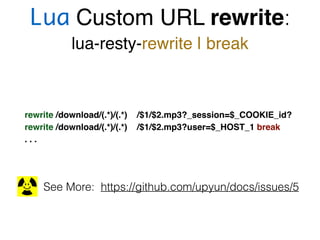 Lua Custom URL rewrite:
lua-resty-rewrite | break
rewrite /download/(.*)/(.*) /$1/$2.mp3?_session=$_COOKIE_id?
rewrite /download/(.*)/(.*) /$1/$2.mp3?user=$_HOST_1 break
. . .
See More: https://github.com/upyun/docs/issues/5
 