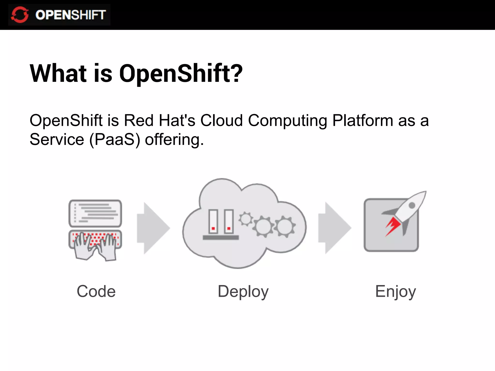 What is OpenShift?
OpenShift is Red Hat's Cloud Computing Platform as a
Service (PaaS) offering.




      Code              Deploy              Enjoy
 