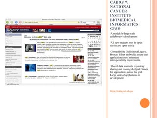 CABIG™: NATIONAL CANCER INSTITUTE BIOMEDICAL INFORMATICS GRID  A model for large scale collaborative development All new projects must be open access and open source Compatibility Guidelines (Legacy, Bronze, Silver and Gold) assure that applications meet minimum interoperability requirements.  Shared data standards repository, sharing and reusing of object classes for applications across the grid. Large suite of applications in development https://cabig.nci.nih.gov   