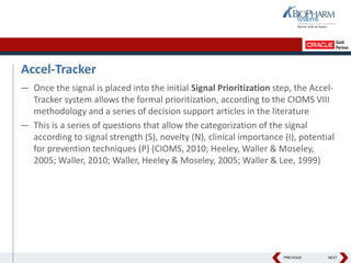 PREVIOUS NEXT
Accel-Tracker
— Once the signal is placed into the initial Signal Prioritization step, the Accel-
Tracker system allows the formal prioritization, according to the CIOMS VIII
methodology and a series of decision support articles in the literature
— This is a series of questions that allow the categorization of the signal
according to signal strength (S), novelty (N), clinical importance (I), potential
for prevention techniques (P) (CIOMS, 2010; Heeley, Waller & Moseley,
2005; Waller, 2010; Waller, Heeley & Moseley, 2005; Waller & Lee, 1999)
 