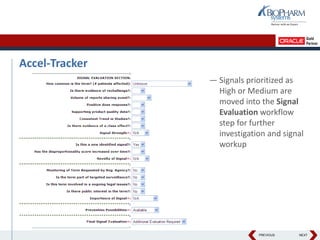 PREVIOUS NEXT
Accel-Tracker
— Signals prioritized as
High or Medium are
moved into the Signal
Evaluation workflow
step for further
investigation and signal
workup
 
