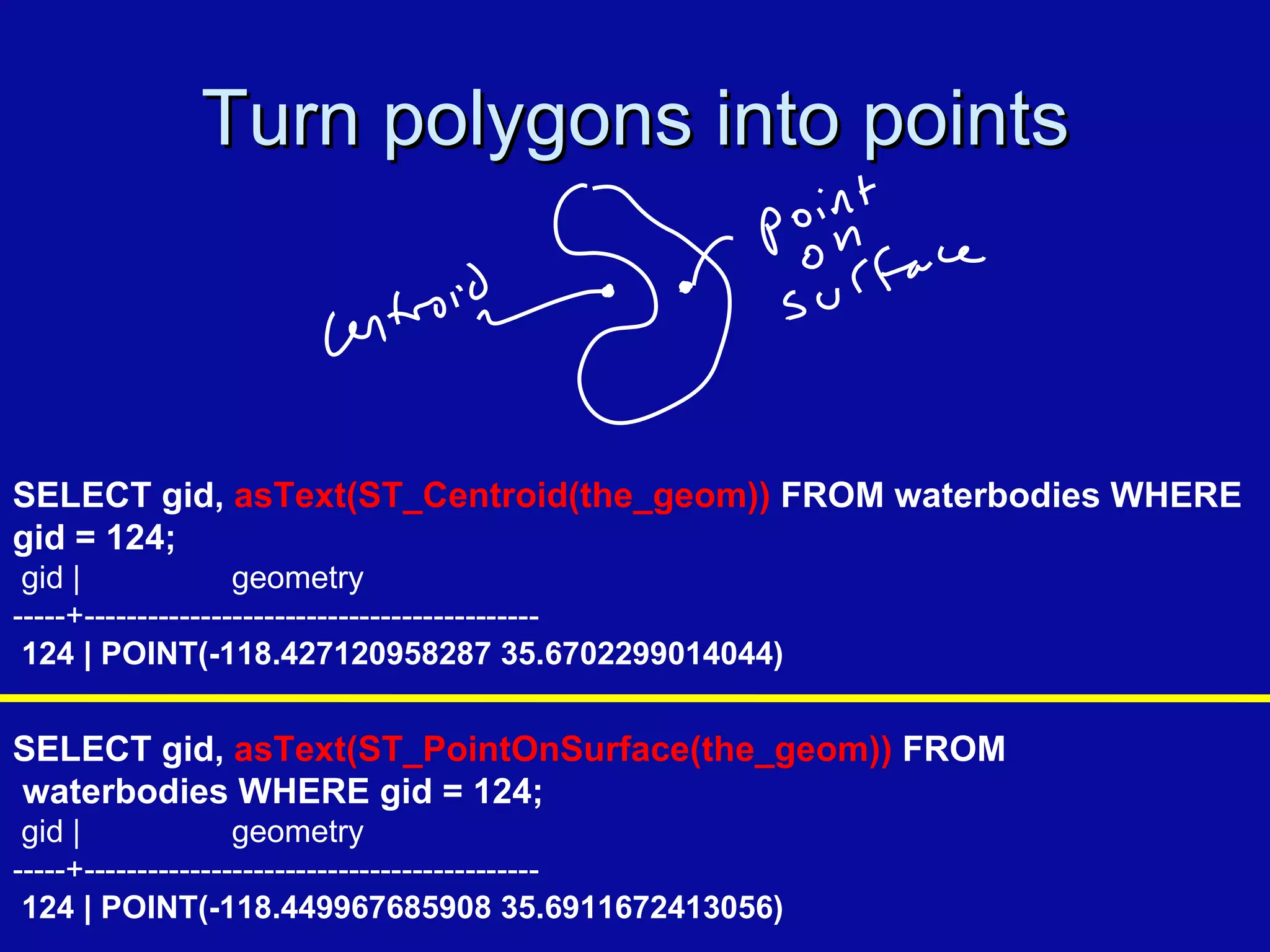 Turn polygons into points SELECT gid,  asText(ST_Centroid(the_geom))  FROM waterbodies WHERE gid = 124; gid |  geometry -----+------------------------------------------- 124 | POINT(-118.427120958287 35.6702299014044)‏ SELECT gid,  asText(ST_PointOnSurface(the_geom))  FROM waterbodies WHERE gid = 124; gid |  geometry -----+------------------------------------------- 124 | POINT(-118.449967685908 35.6911672413056)‏ 
