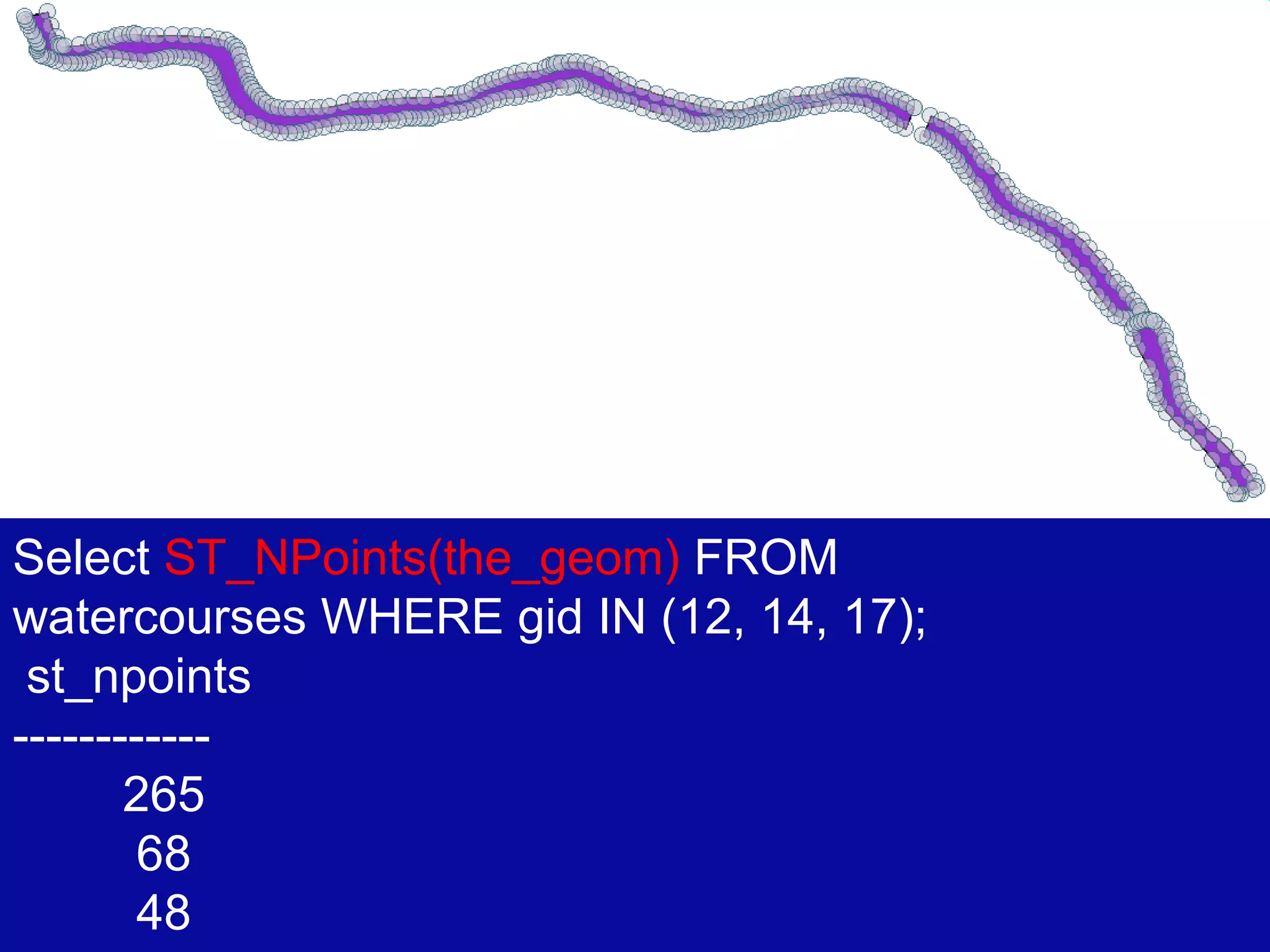 Select  ST_NPoints(the_geom)  FROM  watercourses WHERE gid IN (12, 14, 17); st_npoints ------------ 265 68 48 