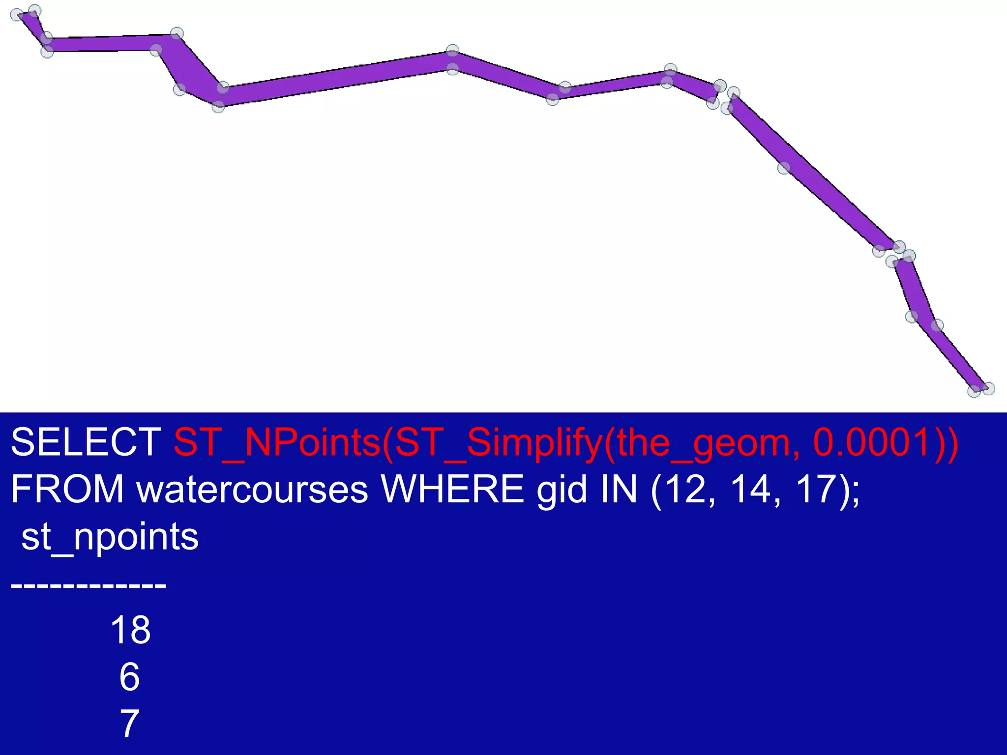 SELECT  ST_NPoints(ST_Simplify(the_geom, 0.0001))  FROM watercourses WHERE gid IN (12, 14, 17); st_npoints ------------ 18 6 7 