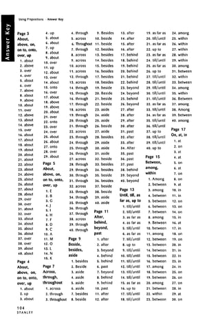 Using Prepositions • Answer Key
Page 3
About,
above, on,
on to, onto,
over, up
1. about
2. above
3. over
4. over
5. about
6. over
7. above
8. about
9. above
10. about
11. over
12. above
13. about
14. above
15. over
16. about
17. about
18. about
19. about
20. about
21. about
22. about
23. about
24. above
25. about
26. about
27. about
28. about
29. over
30. over
31. about
32. over
33. about
34. about
35. about
36. about
37. over
38. over
39. about
40. about
Page 4
About,
above, on,
on to, onto,
over, up
1. about
2. up
3. about
104
S T A N L E Y
4. up
5. about
6. about
7. up
8. about
9. about
10. over
11. up
12. about
13. over
14. about
15. onto
16. over
17. about
18. above
19. above
20. about
21. over
22. onto
23. over
24. over
25. about
26. about
27. onto
28. over
29. about
Page 5
About,
above, on,
on to, onto,
over, up
1. E
2. B
3. G
4-J
. 1
6. `H
7. F
8. D
9. C
10. A
11. M
12. 0
13. L
14. N
15. K
Page 7
Across,
through,
throughout
1. across
2. through
3. throughout
4. through
5. across
6. Throughout
7. through
8. across
9. across
10. across
11. across
12. through
13. across
14. through
15. through
16. through
17. through
18. across
19. through
20. through
21. through
22. across
23. through
24. through
25. through
26. through
27. across
28. through
29. through
30. through
31. through
32. across
33. through
34. through
35. through
36. through
37. through
38. across
39. through
40. through
Page 9
Beside,
besides,
aside
1. besides
2. Beside
3. aside
4. aside
5. aside
6. aside
7. besides
8. beside
9. Besides
10. beside
11. beside
12. besides
13. besides
14. besides
15. besides
16. besides
17. besides
18. besides
19. beside
20. Beside
21. beside
22. beside
23. aside
24. aside
25. aside
26. beside
27. aside
28. besides
29. aside
30. aside
31. aside
32. beside
33. besides
34. besides
35. beside
36. besides
37. beside
38. beside
39. aside
40. aside
Page 11
After,
behind,
beyond,
past
1. after
2. after
3. beyond
4. behind
5. behind
6. past
7. beyond
8. behind
9. behind
10. past
11. after
12. after
13. after
14. after
15. after
16. after
17. behind
18. behind
19. behind
20. behind
21. behind
22. behind
23. beyond
24. beyond
25. behind
26. beyond
27. after
28. after
29. after
30. after
31. past
32. after
33. after
34. After
35. past
36. past
37. past
38. behind
39. beyond
40. beyond
Page 13
Until, till,as
far as, up to
1. till/until
2. till/until
3. as far as
4. as far as
5. till/until
6. as far as
7. till/until
8. up to
9. till/until
10. till/until
11. till/until
12. till/until
13. till/until
14. till/until
15. as far as
16. up to
17. till/until
18. till/until
19. as far as
20. till/until
21. as far as
22. up to
23. as far as
24. till/until
25. as far as
26. up to
27. till/until
28. till/until
29. till/until
30. till/until
31. till/until
32. as far as
33. till/until
34. as far as
35. till/until
36. till/until
37. up to
38. till/until
39. till/until
40. up to
Page 15
Between,
among,
within
1. Among
2. between
3. among
4. between
5. between
6. between
7. between
8. among
9. Between
10. between
11. among
12. between
13. between
14. between
15. between
16. between
17. among
18. between
19. between
20. among
21. between
22. within
23. between
24. among
25. within
26. within
27. within
28. within
29. within
30. among
31. between
32. within
33. between
34. among
35. within
36. Between
37. among
38. Among
39. between
40. among
Page 17
On, at, in
i.at
2. on
3. at
4. at
5. on
6. at
7. on
8. on
9. at
10. in
11. in
12. on
13. on
14. on
15. in
16. at
17. in
18. on
19. on
20. in
21. in
22. in
23. in
24. in
25. on
26. on
27. on
28. in
29. at
30. on
 