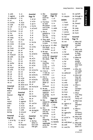 Using Prepositions • Answer key
8. with
9. against
10. within/of
11. at
12. on/for
13. with
14. off
15. in
16. for/from
17. for
18. with
19. away
20. off
21. from
22. in/on
23. to
24. from
25. from
26. Up
27. from/of
28. with
29. for
30. in
31. in/for
32. for
33. in/of
34. with
35. on
36. up
37. to
38. for
39. from
40. to
Assorted
Page 67
before
until
beyond
to
into
round
within
over
like
across
during
Assorted
Page 68
1. at or by
2. in
3. on
4. on/by
5.
6.
7.
8.
9.
10.
11.
12.
13.
14.
15.
16.
17.
18.
19.
20.
21.
22.
23.
24.
25.
26.
27.
28.
29.
30.
31.
32.
33.
34.
35.
36.
37.
38.
39.
40.
at
at/in
in
at
at/at
at/in
at or by
on
on
in
on
in
in/at
in
on/at
of
at
at/on
at
on
on
at/at
at
on
on
at
at/on
in.on
on
on
on
in/at
at/in
at/in
at/on orat
to/at
at/from/to
Assorted
Page 69
1. for
2.
3.
4.
5.
6.
7.
8.
9.
10.
11.
12.
13.
14.
with
against
from
in/at
at/on
with
around
out
with/
about
out of
at
beyond
over
Assorted
Page 70
1.
2.
3.
4.
5.
6.
7.
8.
9.
10.
11.
12.
13.
14.
15.
16.
17.
18.
19.
20.
21.
22.
23.
24.
25.
26.
27.
28.
29.
30.
31.
32.
33.
34.
35.
36.
37.
38.
39.
40.
on at
to/in
up in
for/in
at/until
in
at
at
at
at
for/at
at
in/for
at
at
at/at/in
in
at/in
in/in
at/in
to/at
in
to/on/to
in/at
to/to/to
to/to
to/to/to
at/of
at
for/to/at
in
in
in
for/on
at
in
out/on
at
in/of
during/at
or on
Assorted
Page 71
2. He has
fallen in
love with
that girl.
3. She
fought
back her
tears.
4. You have
to suck
the poison
out of the
wound.
5. She is
grateful to
him for
his help.
6. They went
on holiday
in June.
7. He lives in
Elm Road
in London.
8. He was
standing
on/at the
corner of
the street.
9. It was
standing
in the
corner of
the room.
10. I live at
17 Elm St.
in Bristol.
11. She is
grieving
over the
death of
her
husband.
12. He was
arrested on
suspicion
of having
stolen the
money.
13. She
stoked the
boiler up
with coal.
14. She
struck me
with her
umbrella.
15. I will do
the
shopping
in the
supermarket
on/at the
corner.
Assorted
Page 72
1.0f
2. into
3. in
4. out
5. aside
6. into
7. to
8. by8. by
9. to
10. out
11. from
12. after
13. to
14. of
15. out to
Assorted
Page 73
1.G
2J
3. D
4. L
5. N
6. I
7. F
8. K
9. M
10. 0
11. A
12. B
13. C
14. E
15. H
Assorted
Page 74
ACROSS
1 fnri . j
3. along
5. on
6. at
8. till
9. on
10. during
12. besides
14. onto
15. over
16.
17.
in
despite
DOWN
1. from
2. round
4.
6.
7.
11.
12.
13.
out
along
across
beyond
but
among
15. out
Assorted
Page 75
1.
2.
3.
4.
5.
6.
7.
8.
9.
10.
11.
12.
13.
14.
15.
16.
17.
18.
19.
20.
21.
22.
23.
24.
25.
26.
27.
28.
29.
30.
31.
for
for
to/with
for
for/at
for
for
L _ _
tor
because
of
within/of
at
in
over
with
on/at
from
with
from
with
from /to
on or at/
at
against or
into
against
on
against/for
at
at/of/ in
for
with/about
with
over/for
32. up/with
33. through to
34. out/onto
35. off
36. forward
37. up
38. away
39. forth
40. back
Assorted
Page 76
1. What did
she feel
irritated
at?
2. Whom do
they want
to keep
up with?
3. What do
these
people
sacrifice
their lives
for?
4. Who did
she make
up with?
5. What did
they set
aside for
their old
age?
6. What is
she
sensitive
about?
7. What
were they
at the
mercy of?
8. What was
she
offended
h/7
oy r
9. What is
she
sentimen-
tal about?
10. What did
he set up
as?
11. What did
he settle
down in?
109
S T A N L E Y
 