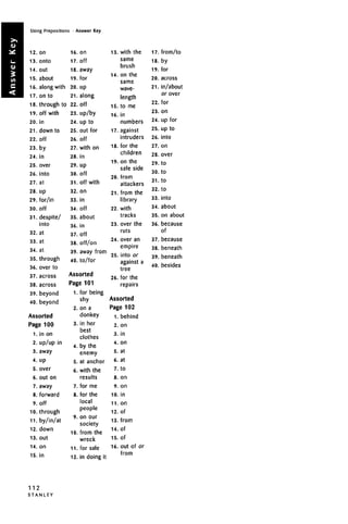Using Prepositions • Answer Key
12
13
14
15
16
17
18
19
20
21
22
23
24
25
26
27
28
29
30
31
32
33
34
35
36
37
38
39
40
.on
. onto
. out
. about
. along with
. on to
. through to
. off with
. in
. down to
.off
.by
. in
. over
. into
. at
.up
. for/in
.off
. despite/
into
.at
.at
.at
. through
. over to
. across
. across
. beyond
. beyond
16.
17.
18.
19.
20.
21.
22.
23.
24.
25.
26.
27.
28.
29.
30.
31.
32.
33.
34.
35.
36.
37.
38.
39.
40.
on
off
away
for
up
along
off
up/by
up to
out for
off
with on
in
up
off
off with
on
in
off
about
in
off
off/on
away from
to/for
Assorted
13.
14.
15.
16.
17.
18.
19.
20.
21.
22.
23.
24.
25.
26.
Page 101
1.
2.
Assorted
Page 100
1
2
3
4
5
6
7
8
9
10
11
12
13
14
15
11
. in on
. up/up in
. away
.up
. over
. out on
. away
. forward
.off
. through
. by/in/at
. down
.out
.on
. in
2
3.
4.
5.
6.
7.
8.
9.
10.
11.
12.
for being
shy
on a
donkey
in her
best
clothes
by the
enemy
at anchor
with the
results
for me
for the
local
people
on our
society
from the
wreck
for sale
in doing it
with the
same
brush
on the
same
wave-
length
to me
in
numbers
against
intruders
for the
children
on the
safe side
from
attackers
from the
library
with
tracks
over the
ruts
over an
empire
into or
against a
tree
for the
repairs
17.
18.
19.
20.
21.
22.
23.
24.
25.
26.
27.
28.
29.
30.
31.
32.
33.
34.
35.
36.
37.
38.
39.
40.
from/to
by
for
across
in/about
or over
for
on
up for
up to
into
on
over
to
to
to
to
into
about
on about
because
of
because
beneath
beneath
besides
Assorted
Page 102
1.
2.
3.
4.
5.
6.
7.
8.
9.
10.
11.
12.
13.
14.
15.
16.
behind
on
in
on
at
at
to
on
on
in
on
of
from
of
of
out of or
from
S T A N L E Y
 