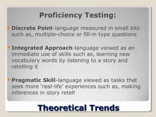 Proficiency Testing:
 Discrete

Point-language measured in small bits
such as, multiple-choice or fill-in type questions

 Integrated

Approach-language viewed as an
immediate use of skills such as, learning new
vocabulary words by listening to a story and
retelling it

 Pragmatic

Skill-language viewed as tasks that
seek more ‘real-life’ experiences such as, making
inferences in story retell

Theoretical Trends

 