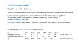 2. Individual paper quality
The gold standard metric is Citation count.
There is a correlation between citation count and the importance and quality and impact on the field of a paper
Suppliers There is no gold standard supplier of Citation count. Web of Science and Google Scholar
are both useful but you must state the database being used as they are very different
Open and transparent? Improving
Calculated : The total number of times a publication has been cited in that database. Increases over time.
For example - DOI: 10.1093/GBE/EVU214 published in 2014
Year 2014 2015 2016 2017 2018 2019*
Citations in WoS Core 0 6 14 33 39 45
Citations in Google Scholar 0 12 37 46 60 69
JIF 4.229 4.096 3.979 3.940 3.726 top 20% - 30% of field
top 5% - 10% of field
 