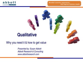 Qualitative  Why you need it & how to get value Presented by: Susan Abbott Abbott Research & Consulting www.abbottresearch.com 