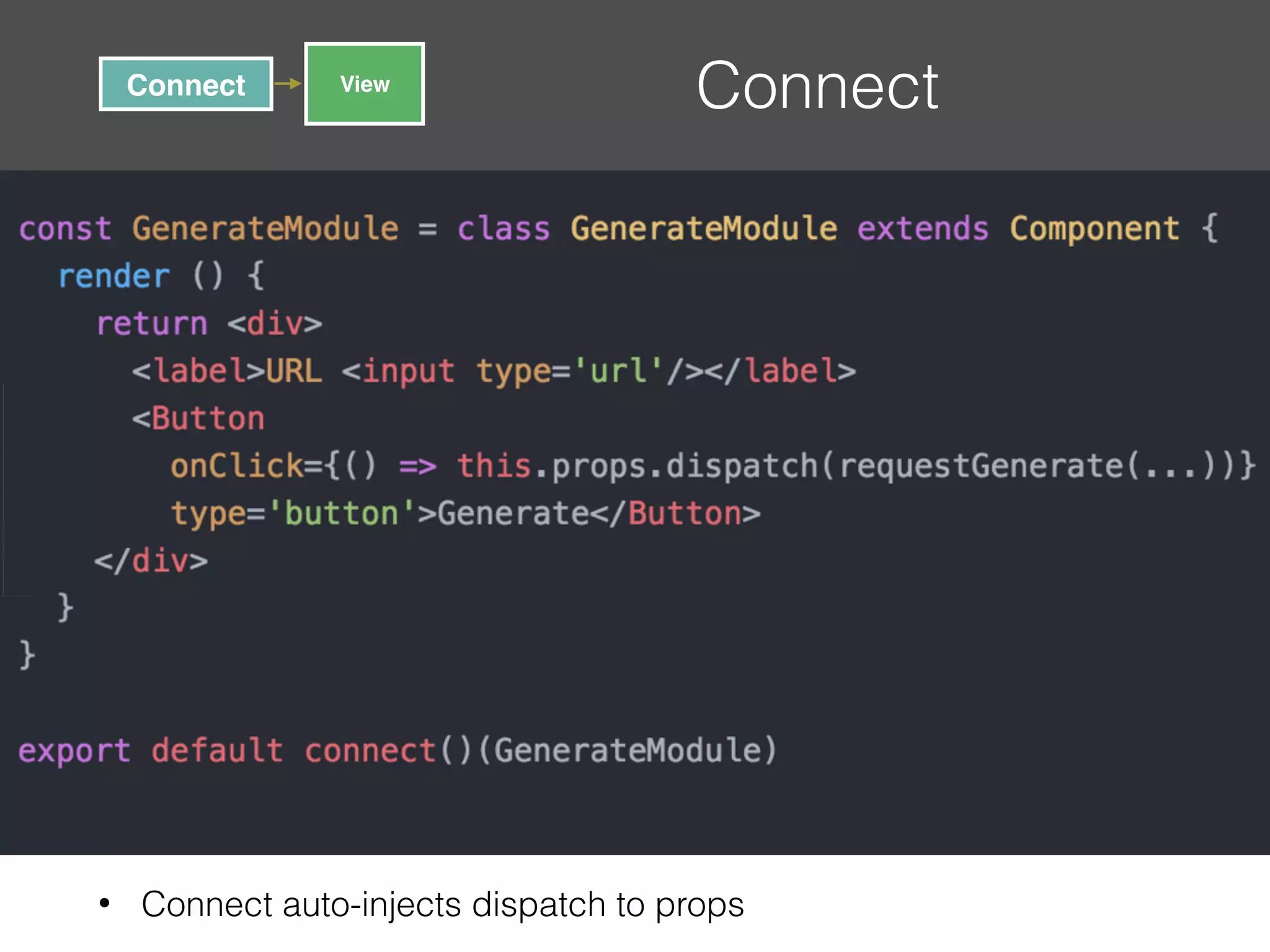 ConnectConnect View • Connect auto-injects dispatch to props 