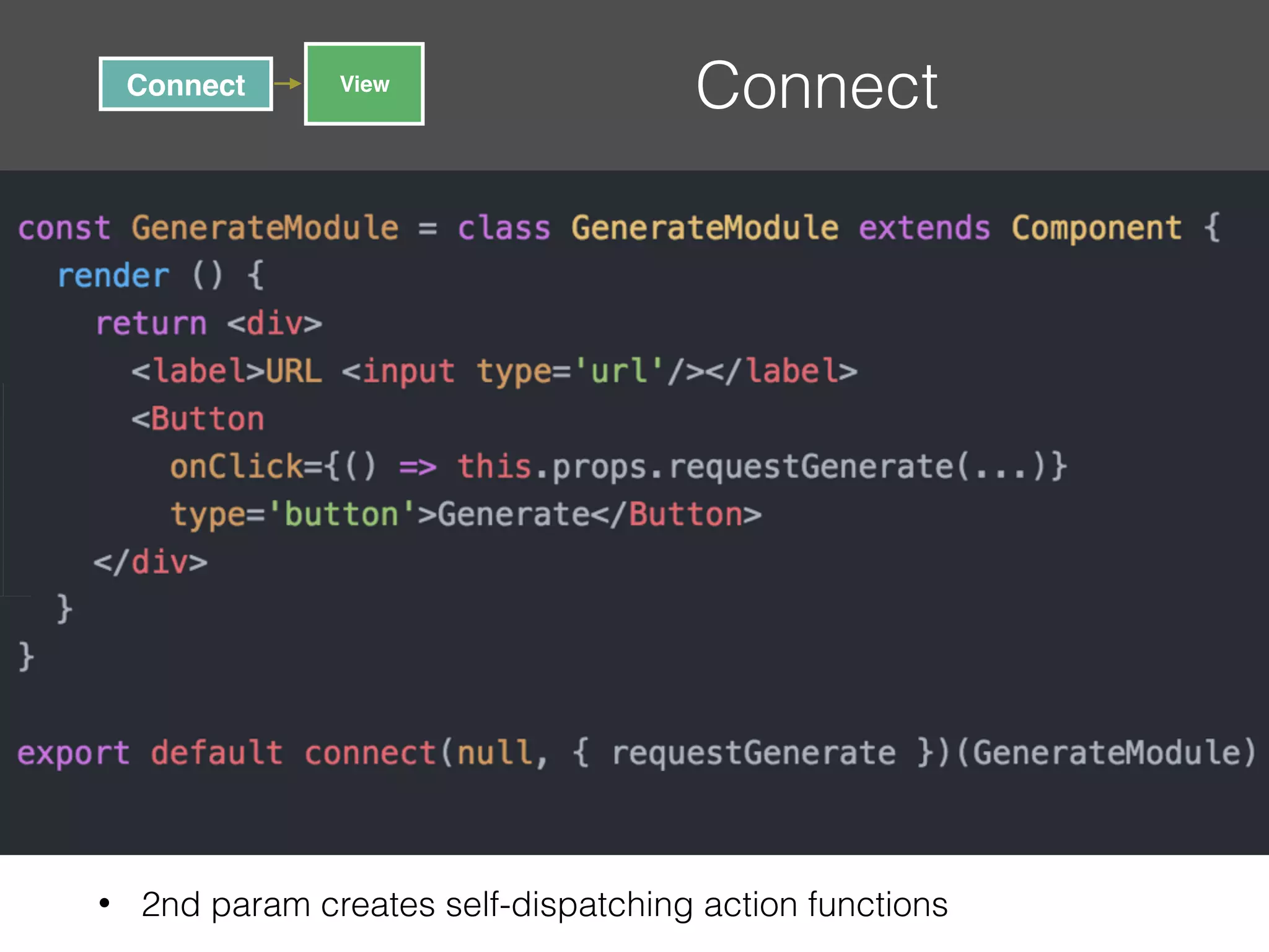 Connect • 2nd param creates self-dispatching action functions Connect View 