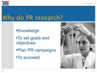 Why do PR research?

    •Knowledge
    •To set goals and
    objectives
    •Plan PR campaigns
    •To succeed