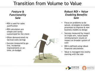 • ROI is used for sales
justification
• ROI calculators are
simple and rarely
customized for the client
• Often demonstrated via
tactical costs savings
• Success measured by go-
live, incidental
improvements or on-
time, on-budget
• Focus on problems to be
solved, strategies to enable,
processes to improve & new
business models to design
• Success measured by impact
on triple aim, value based
reimbursement results or
impact on broader system of
care
• ROI is defined using robust
financial calculations
• Value is managed into reality
starting with the sale
24
Transition from Volume to Value
Feature &
Functionality
Sale
Robust ROI + Value
Enabling Benefits
Sale
 