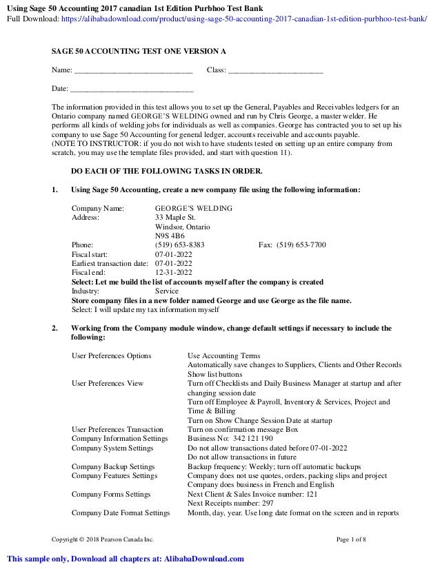 Using Sage 50 Accounting 2017 canadian 1st Edition Purbhoo Test Bank