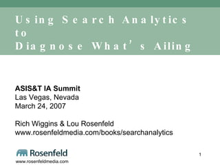 Using Search Analytics to  Diagnose What’s Ailing your  Information Architecture ASIS&T IA Summit Las Vegas, Nevada March 24, 2007 Rich Wiggins & Lou Rosenfeld www.rosenfeldmedia.com/books/searchanalytics 