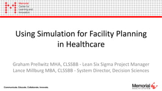 Using Simulation for Facility Planning
in Healthcare
Graham Prellwitz MHA, CLSSBB - Lean Six Sigma Project Manager
Lance Millburg MBA, CLSSBB - System Director, Decision Sciences
Communicate. Educate. Collaborate. Innovate.
 