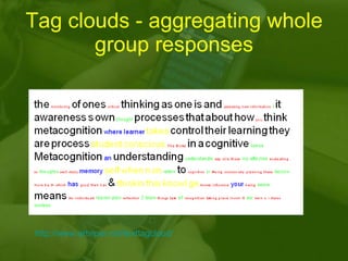Tag clouds - aggregating whole group responses http:// www.artviper.net/texttagcloud / 