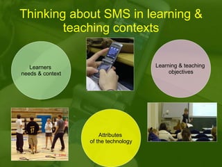 Thinking about SMS in learning & teaching contexts Attributes  of the technology Learning & teaching  objectives Learners  needs & context 