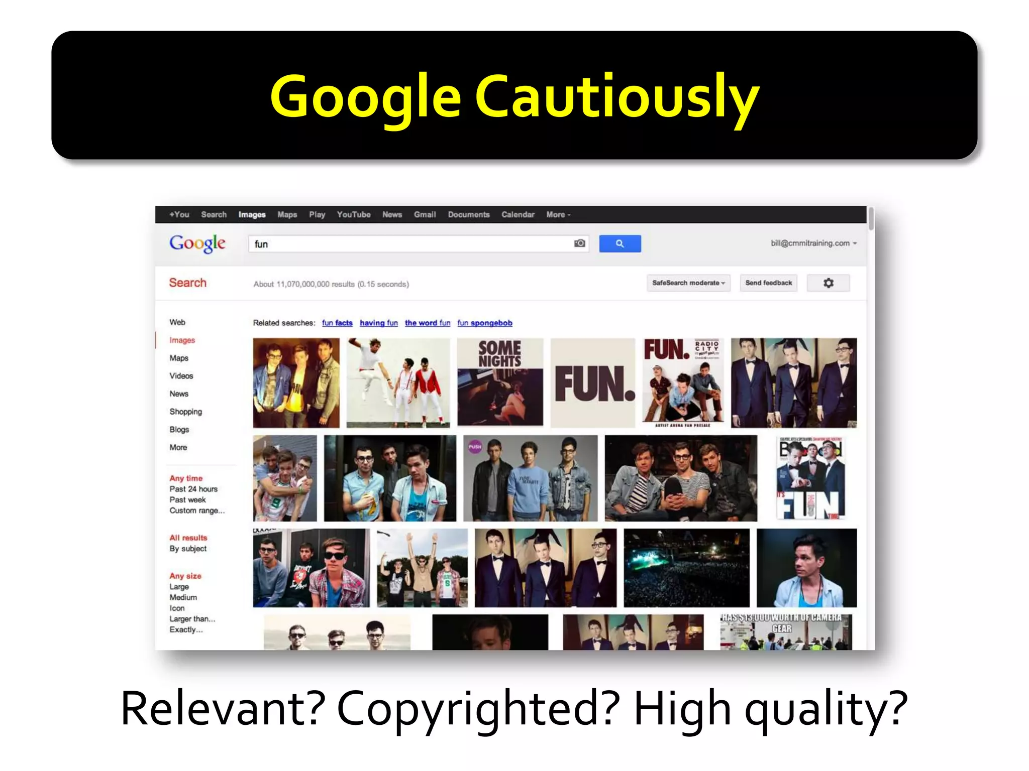 Google Cautiously




Relevant? Copyrighted? High quality?
 