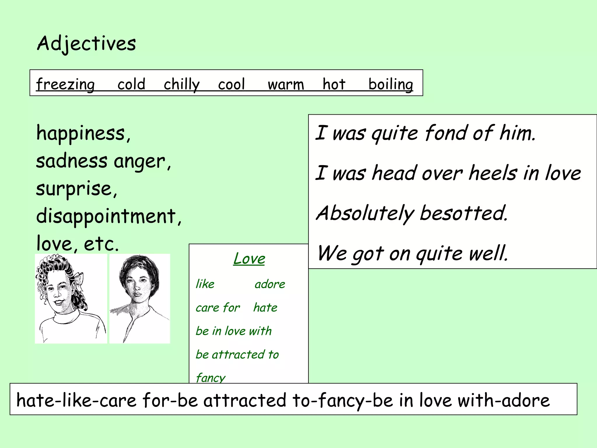 Adjectives freezing  cold  chilly  cool  warm  hot  boiling happiness, sadness anger, surprise, disappointment, love, etc.  Love like  adore care for  hate be in love with be attracted to fancy hate-like-care for-be attracted to-fancy-be in love with-adore I was quite fond of him.  I was head over heels in love Absolutely besotted. We got on quite well.  