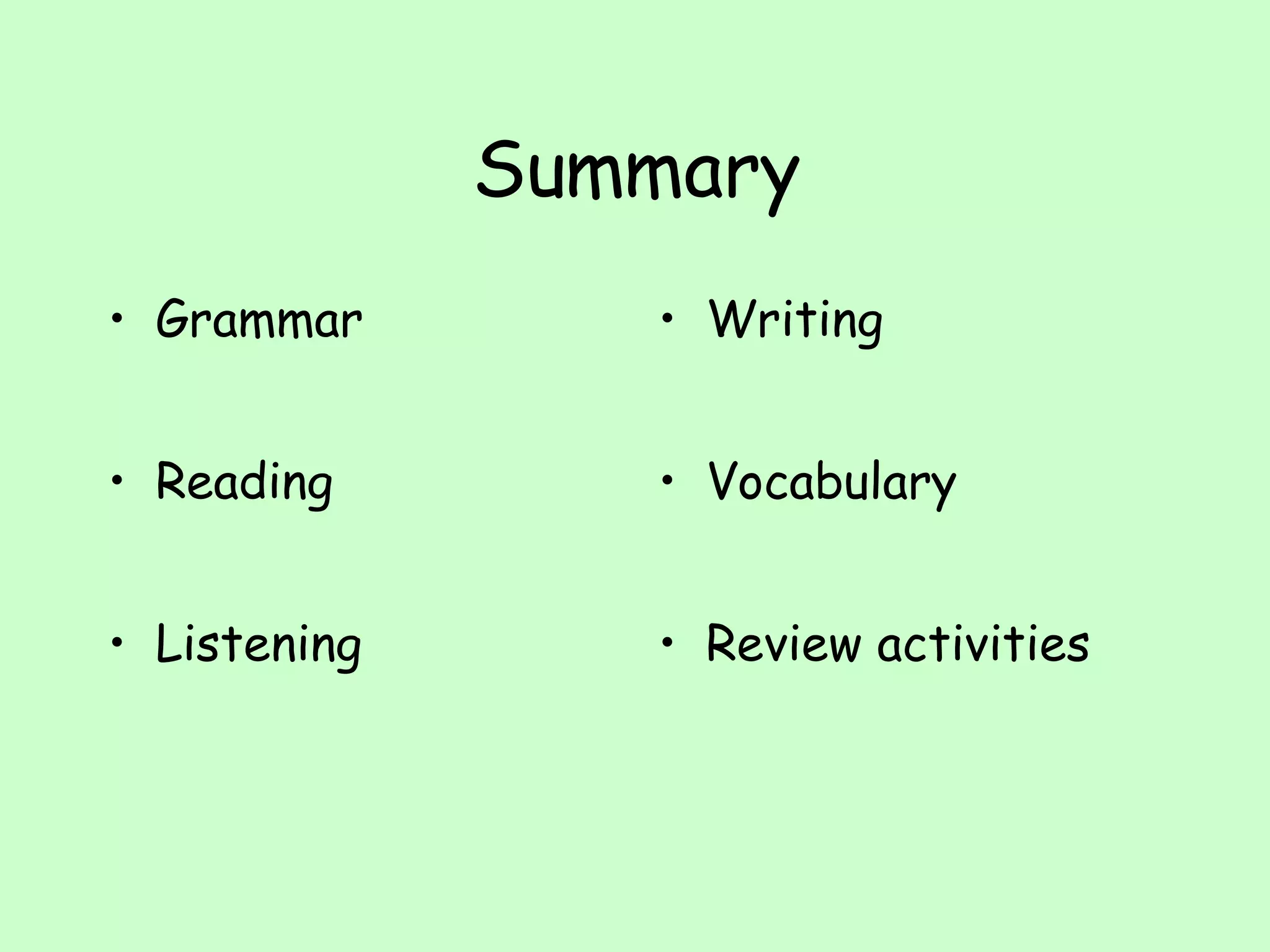 Summary Grammar Reading Listening Writing Vocabulary Review activities 