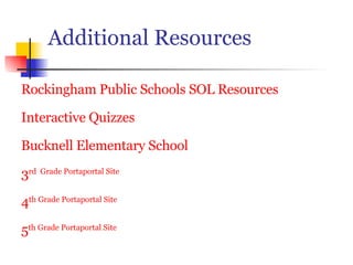 Additional Resources Rockingham Public Schools SOL Resources Interactive Quizzes Bucknell Elementary School 3 rd Grade Portaportal Site 4 th Grade Portaportal Site 5 th Grade Portaportal Site