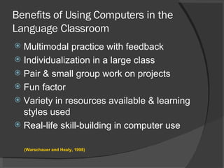 Benefits of Using Computers in the Language Classroom Multimodal practice with feedback Individualization in a large class Pair & small group work on projects Fun factor Variety in resources available & learning styles used Real-life skill-building in computer use (Warschauer and Healy, 1998) 