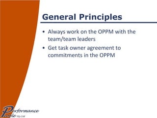 General Principles Always work on the OPPM with the team/team leaders Get task owner agreement to commitments in the OPPM 