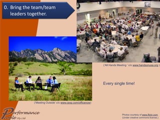 (‘Meeting Outside’ c/o  www.cexp.com/officenow ) (‘All Hands Meeting ’ c/o  www.handsonusa.org  ) Every single time! Photos courtesy of  www.flickr.com . (Under creative commons license.) 0. Bring the team/team leaders together. 
