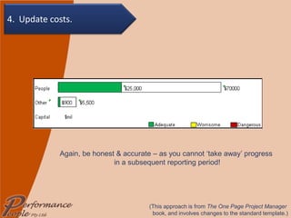 Again, be honest & accurate – as you cannot ‘take away’ progress  in a subsequent reporting period! (This approach is from  The One Page Project Manager  book, and involves changes to the standard template.) 4. Update costs. 