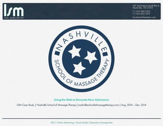 Using the Web to Generate New Admissions
LSM Case Study | Nashville School of Massage Therapy |nashvilleschoolofmassagetherapy.com | Aug. 2014 – Dec. 2014
 
